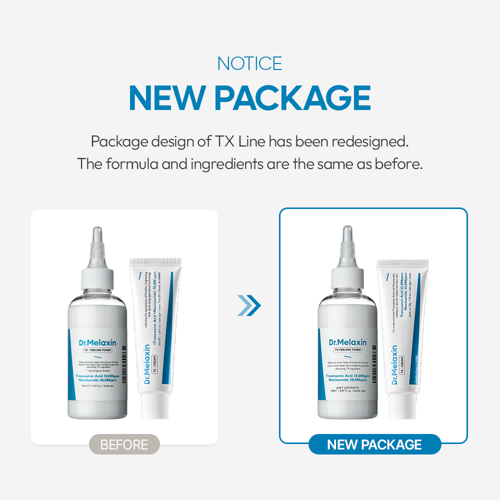 TX Peeling Toner packaging detail — Dr Melaxin K-Beauty